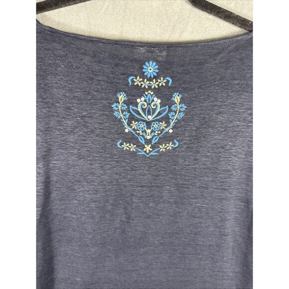 J Jill Love Linen Top Large Blue Floral Embroidered Short Sleeve‎ Tunic Shirt - Picture 8 of 8